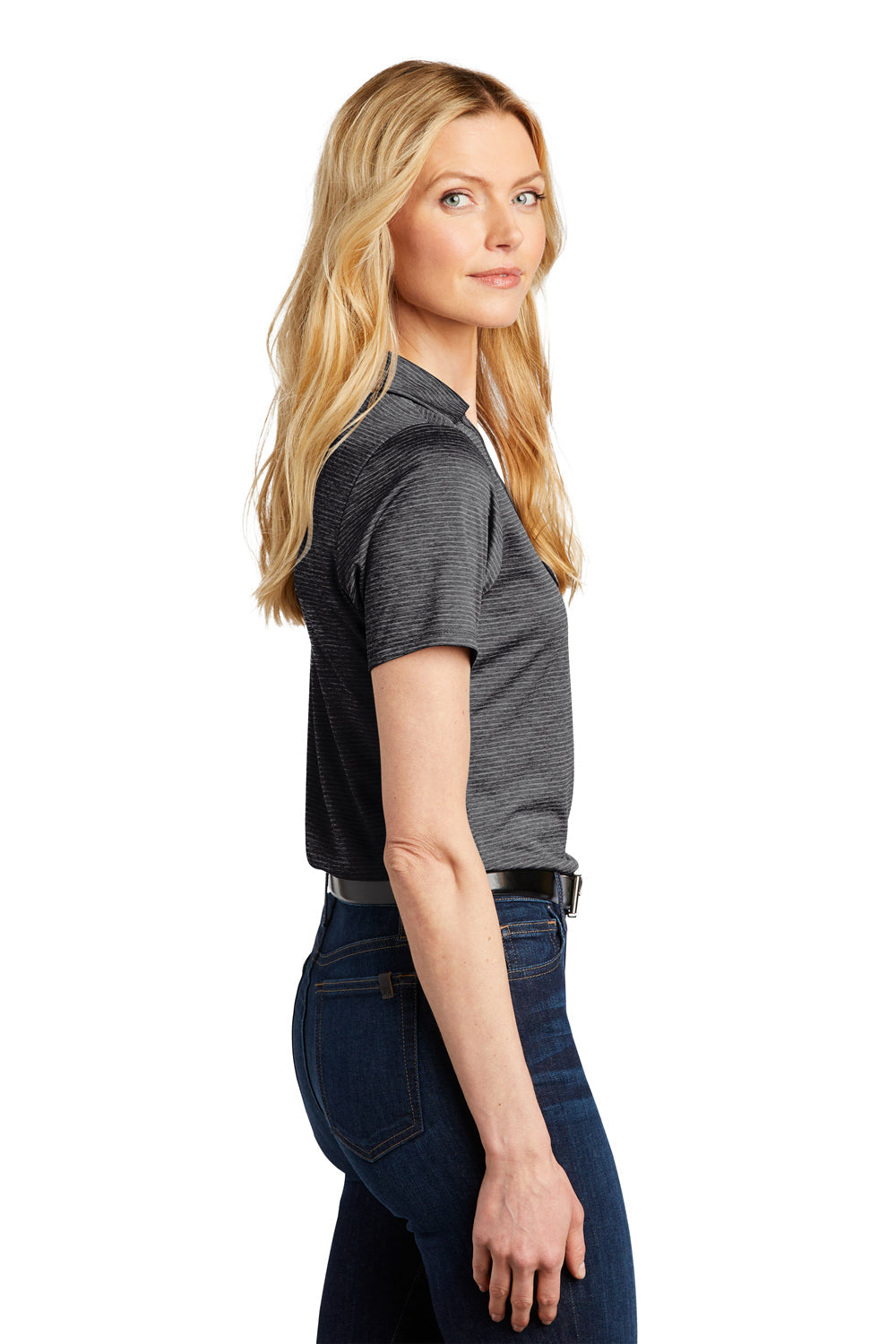 Port Authority Womens Moisture Wicking Shadow Stripe Short Sleeve Polo Shirt - Deep Black - Closeout