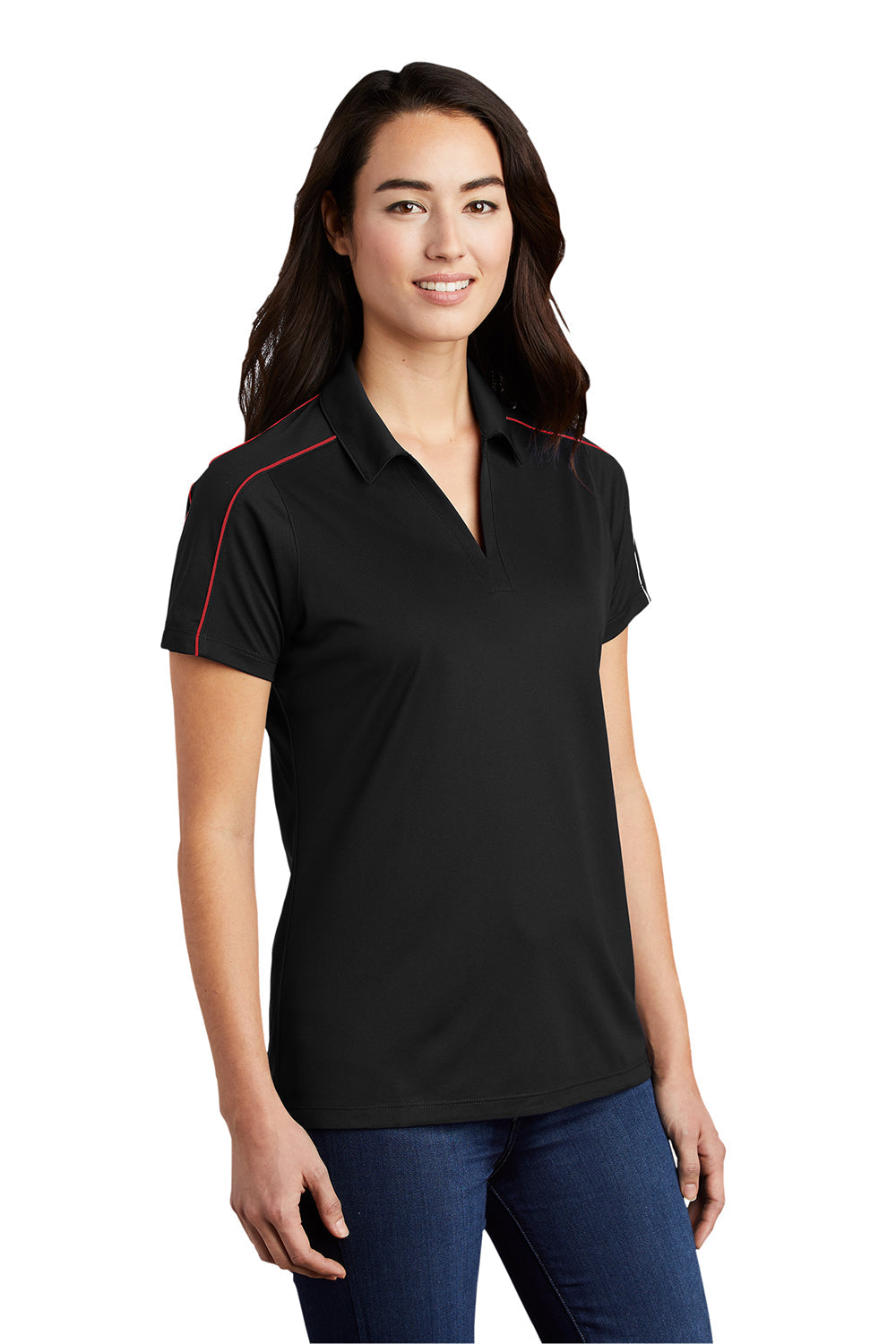 Sport-Tek Womens Sport-Wick Moisture Wicking Short Sleeve Polo Shirt - Black/True Red - Closeout