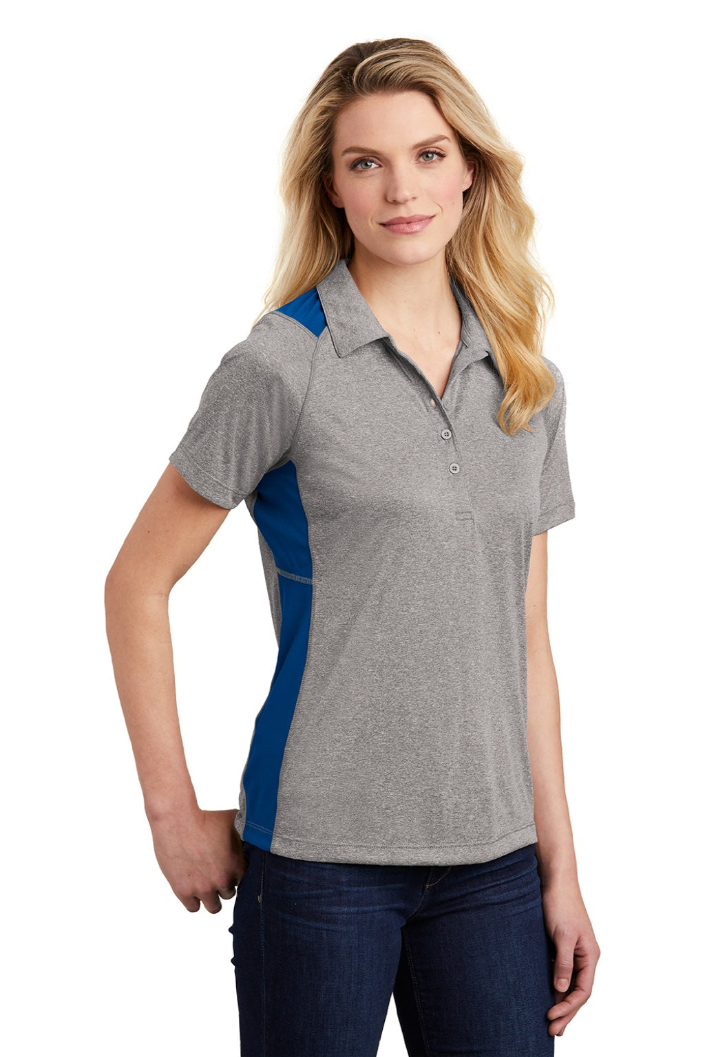 Sport-Tek Womens Heather Contender Moisture Wicking Short Sleeve Polo Shirt - Heather Vintage Grey/Royal Blue - Closeout