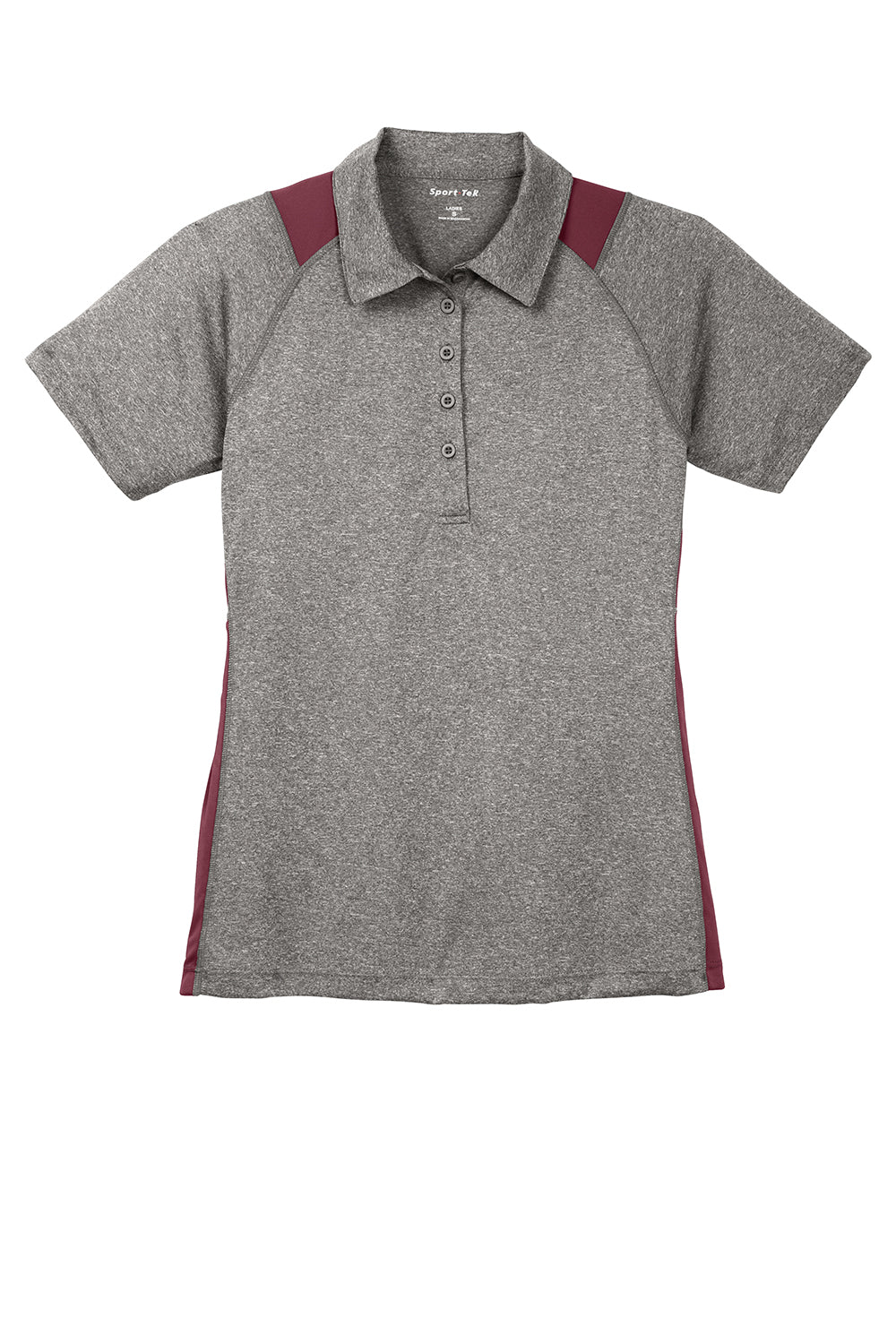 Sport-Tek Womens Heather Contender Moisture Wicking Short Sleeve Polo Shirt - Heather Vintage Grey/Maroon - Closeout