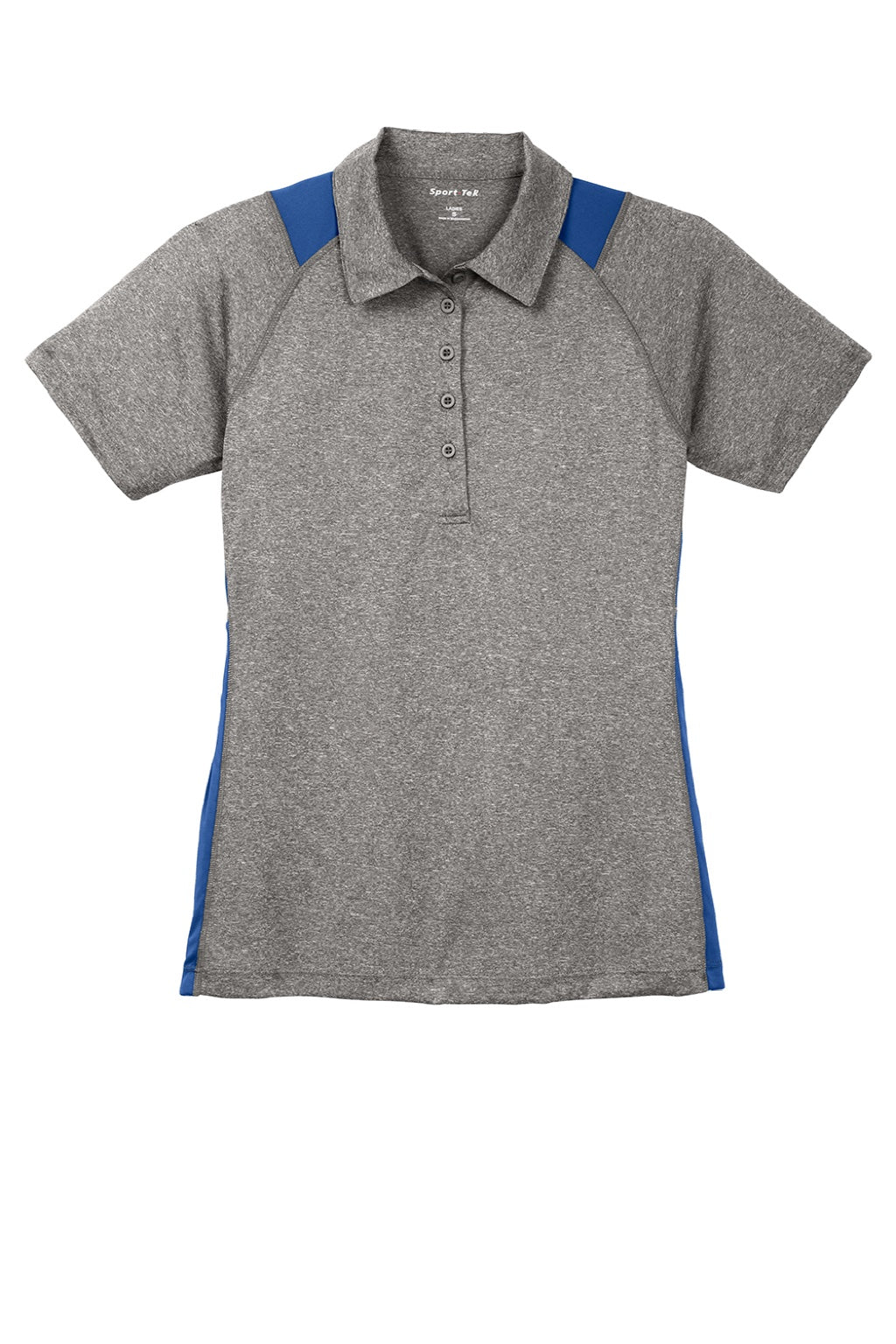 Sport-Tek Womens Heather Contender Moisture Wicking Short Sleeve Polo Shirt - Heather Vintage Grey/Royal Blue - Closeout
