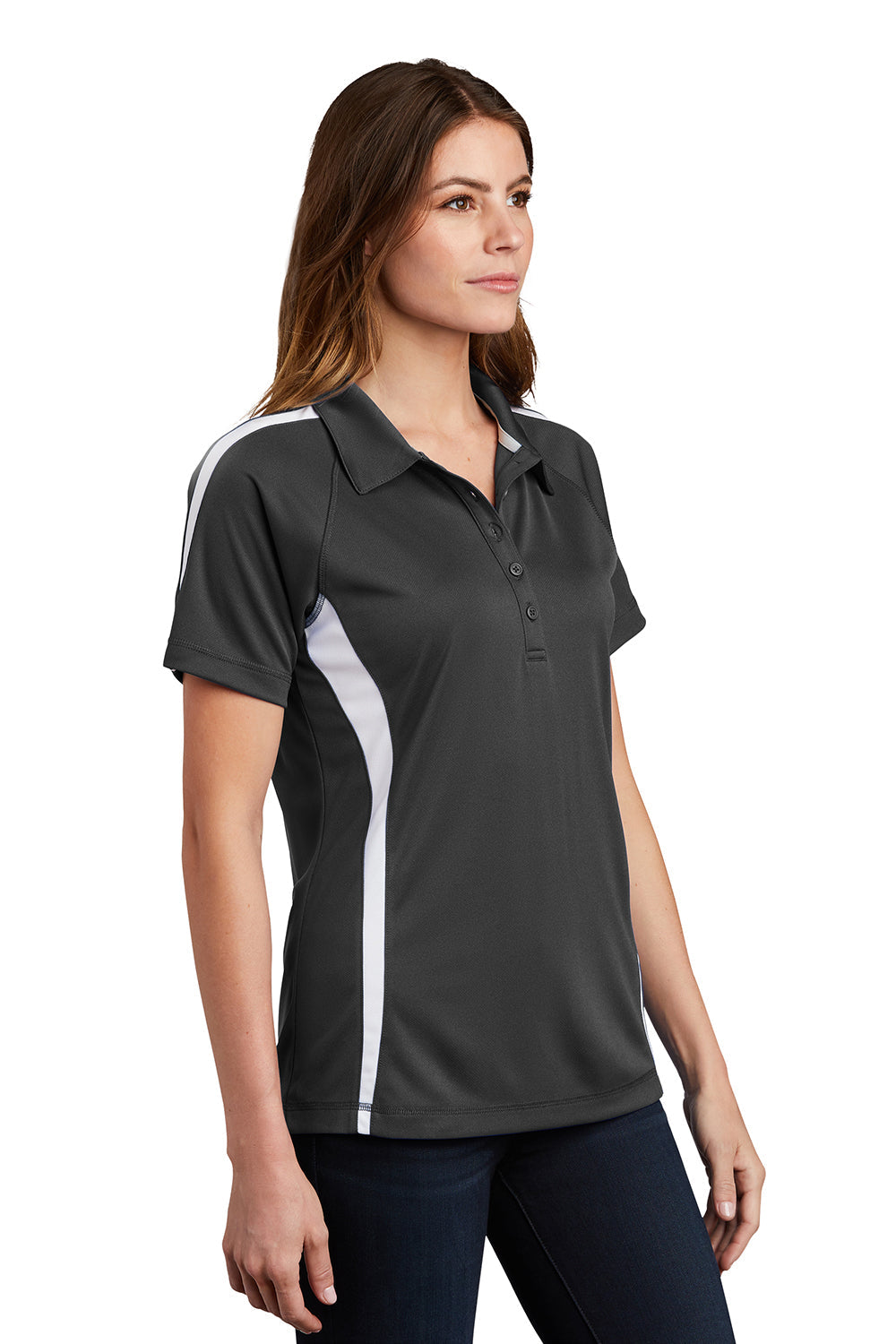 Sport-Tek Womens Micro-Mesh Moisture Wicking Short Sleeve Polo Shirt - Iron Grey/White - Closeout