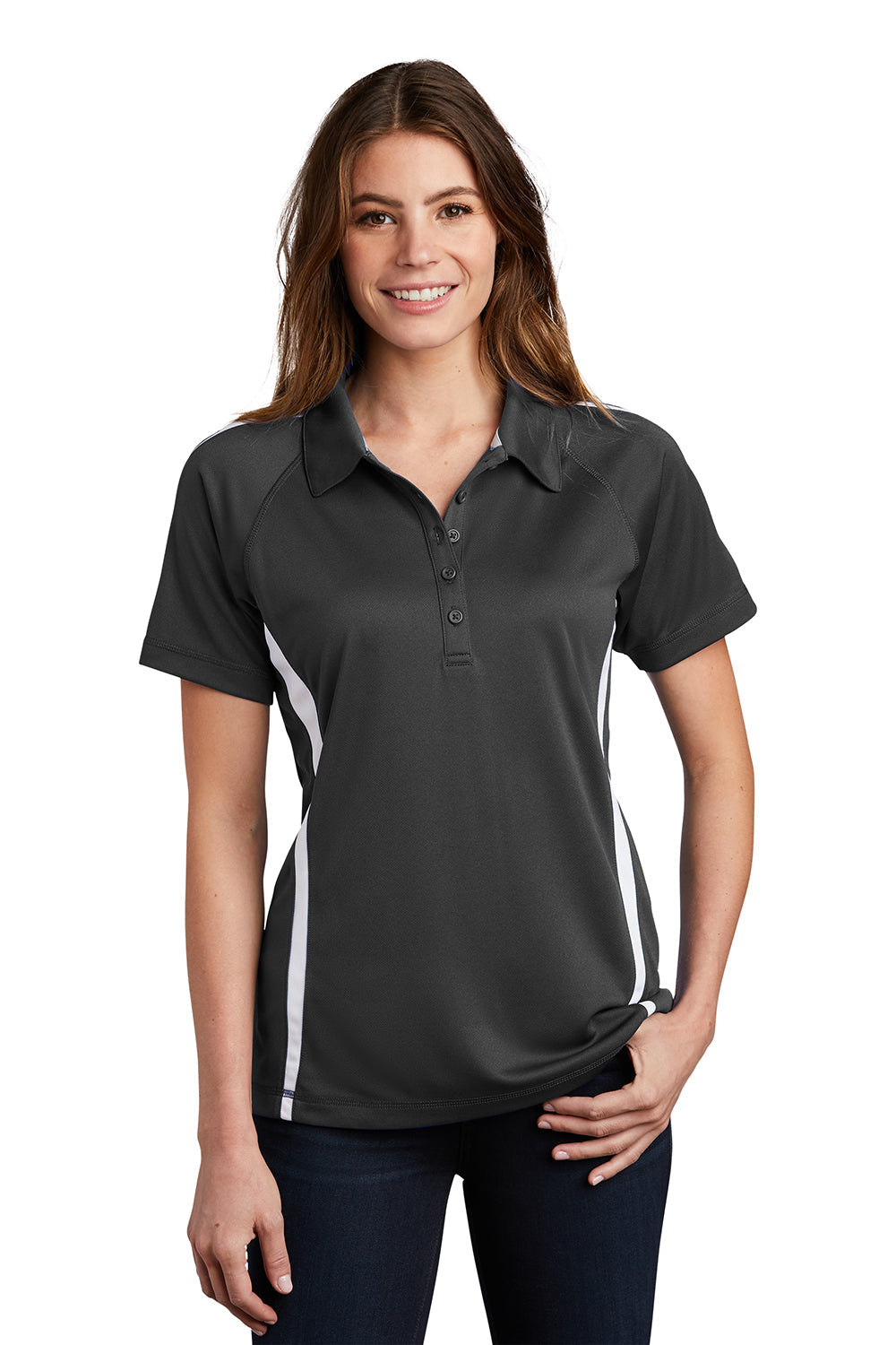 Sport-Tek Womens Micro-Mesh Moisture Wicking Short Sleeve Polo Shirt - Iron Grey/White - Closeout