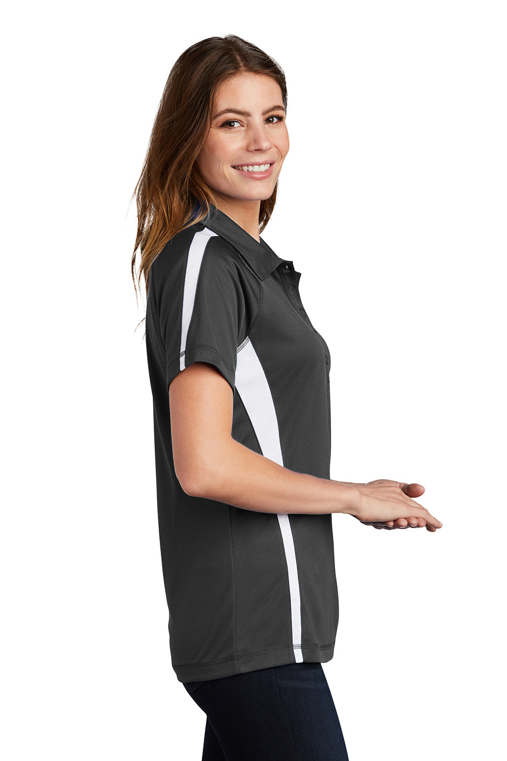 Sport-Tek Womens Micro-Mesh Moisture Wicking Short Sleeve Polo Shirt - Iron Grey/White - Closeout