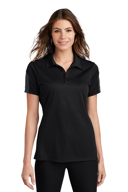 Sport-Tek Womens Active Mesh Moisture Wicking Short Sleeve Polo Shirt - Black/Grey - Closeout