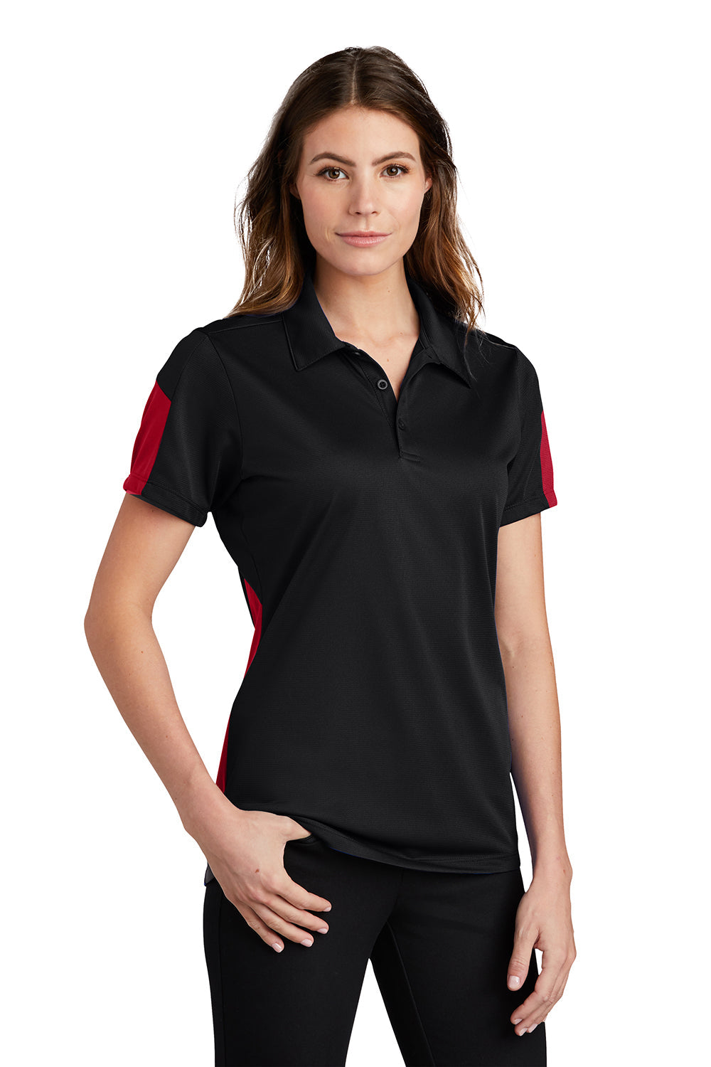 Sport-Tek Womens Active Mesh Moisture Wicking Short Sleeve Polo Shirt - Black/True Red - Closeout