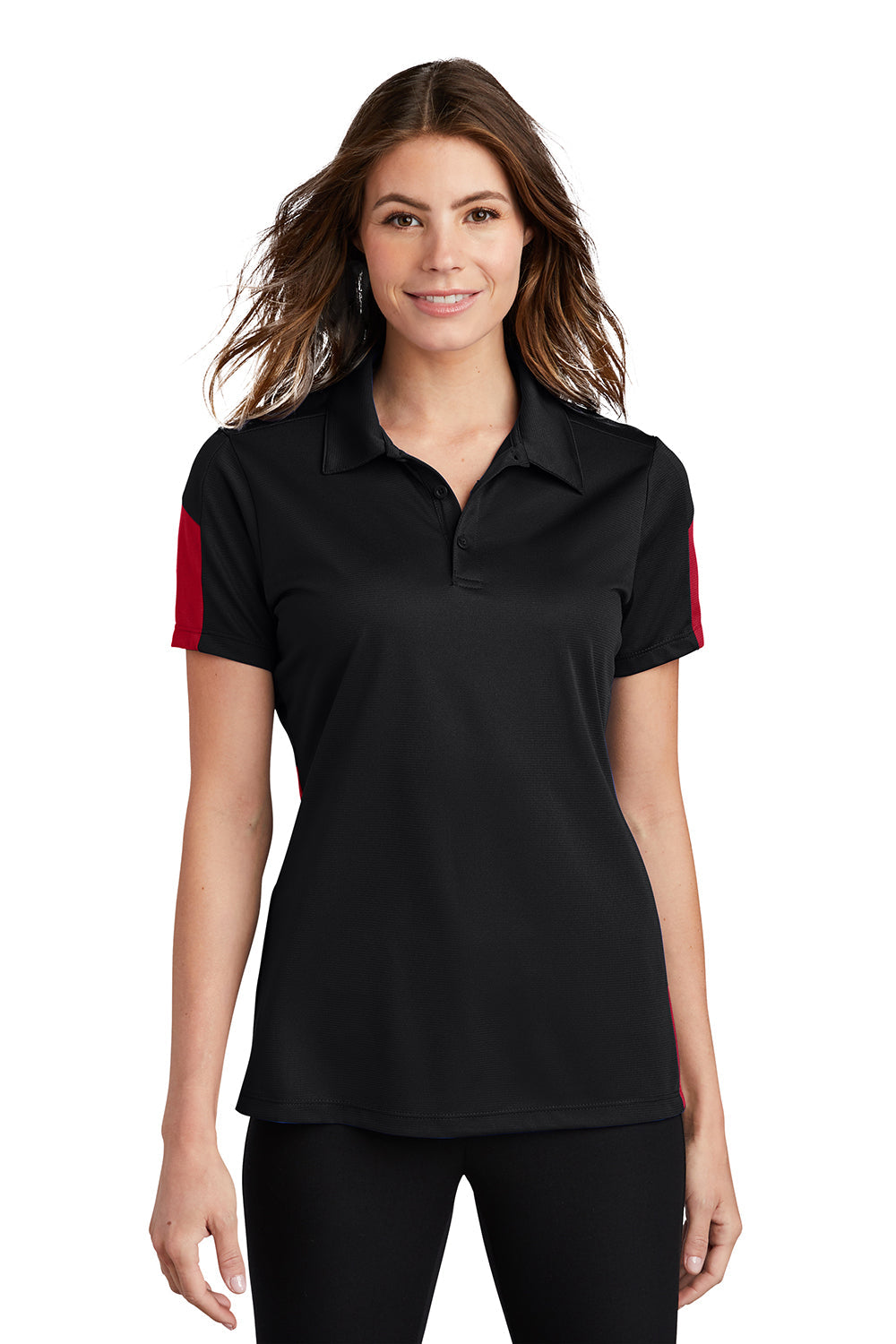 Sport-Tek Womens Active Mesh Moisture Wicking Short Sleeve Polo Shirt - Black/True Red - Closeout