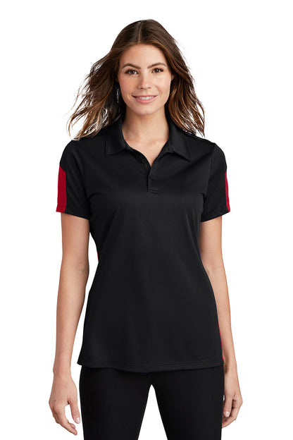 Sport-Tek Womens Active Mesh Moisture Wicking Short Sleeve Polo Shirt - Black/True Red - Closeout