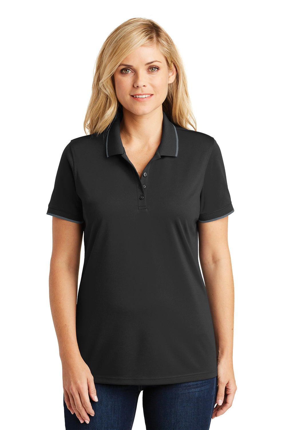 Port Authority Womens Dry Zone Moisture Wicking Short Sleeve Polo Shirt - Deep Black/Graphite Grey - Closeout