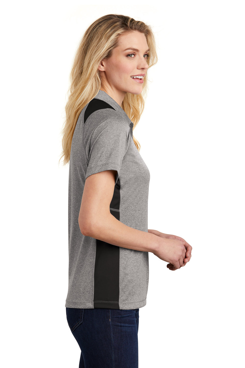 Sport-Tek Womens Heather Contender Moisture Wicking Short Sleeve Polo Shirt - Heather Vintage Grey/Black