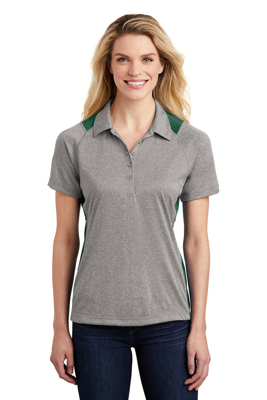 Sport-Tek Womens Heather Contender Moisture Wicking Short Sleeve Polo Shirt - Heather Vintage Grey/Forest Green - Closeout