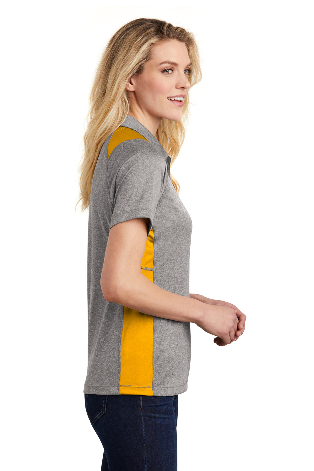 Sport-Tek Womens Heather Contender Moisture Wicking Short Sleeve Polo Shirt - Heather Vintage Grey/Gold