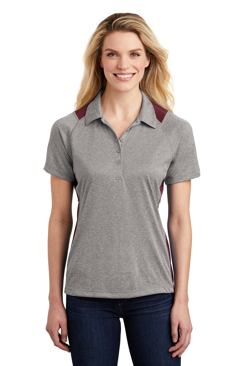 Sport-Tek Womens Heather Contender Moisture Wicking Short Sleeve Polo Shirt - Heather Vintage Grey/Maroon - Closeout