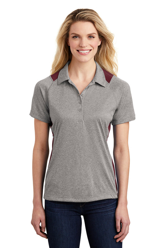 Sport-Tek Womens Heather Contender Moisture Wicking Short Sleeve Polo Shirt - Heather Vintage Grey/Maroon - Closeout