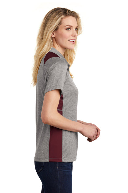 Sport-Tek Womens Heather Contender Moisture Wicking Short Sleeve Polo Shirt - Heather Vintage Grey/Maroon - Closeout
