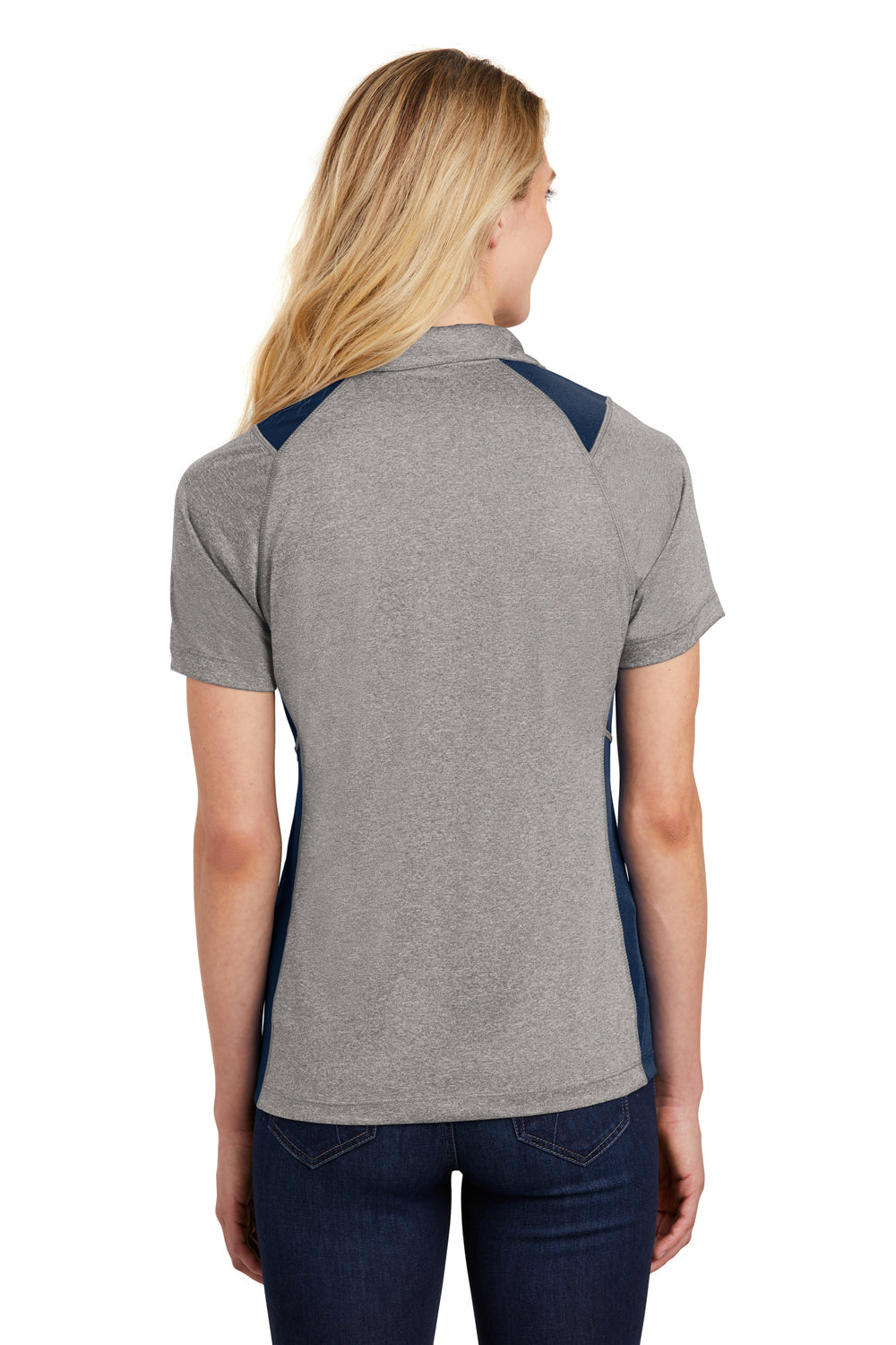 Sport-Tek Womens Heather Contender Moisture Wicking Short Sleeve Polo Shirt - Heather Vintage Grey/True Navy Blue