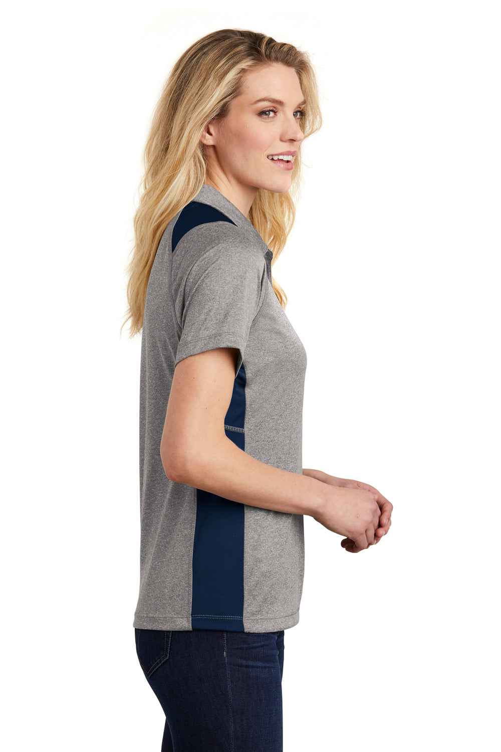 Sport-Tek Womens Heather Contender Moisture Wicking Short Sleeve Polo Shirt - Heather Vintage Grey/True Navy Blue