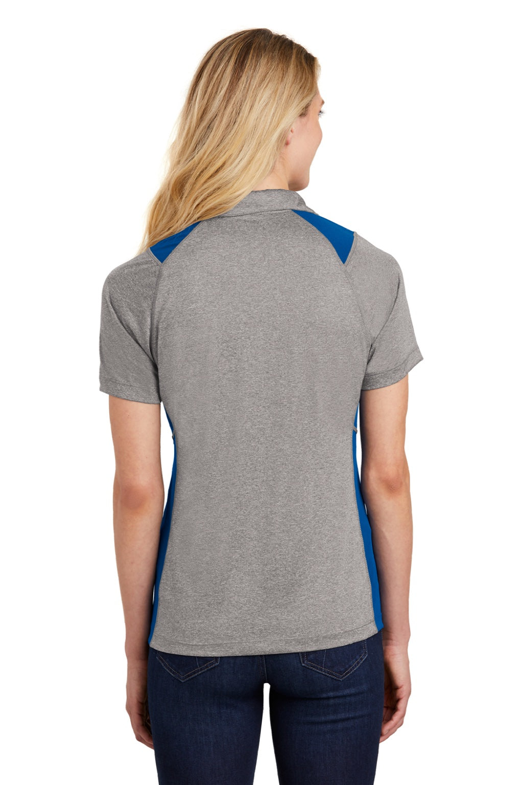 Sport-Tek Womens Heather Contender Moisture Wicking Short Sleeve Polo Shirt - Heather Vintage Grey/Royal Blue - Closeout