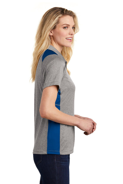 Sport-Tek Womens Heather Contender Moisture Wicking Short Sleeve Polo Shirt - Heather Vintage Grey/Royal Blue - Closeout